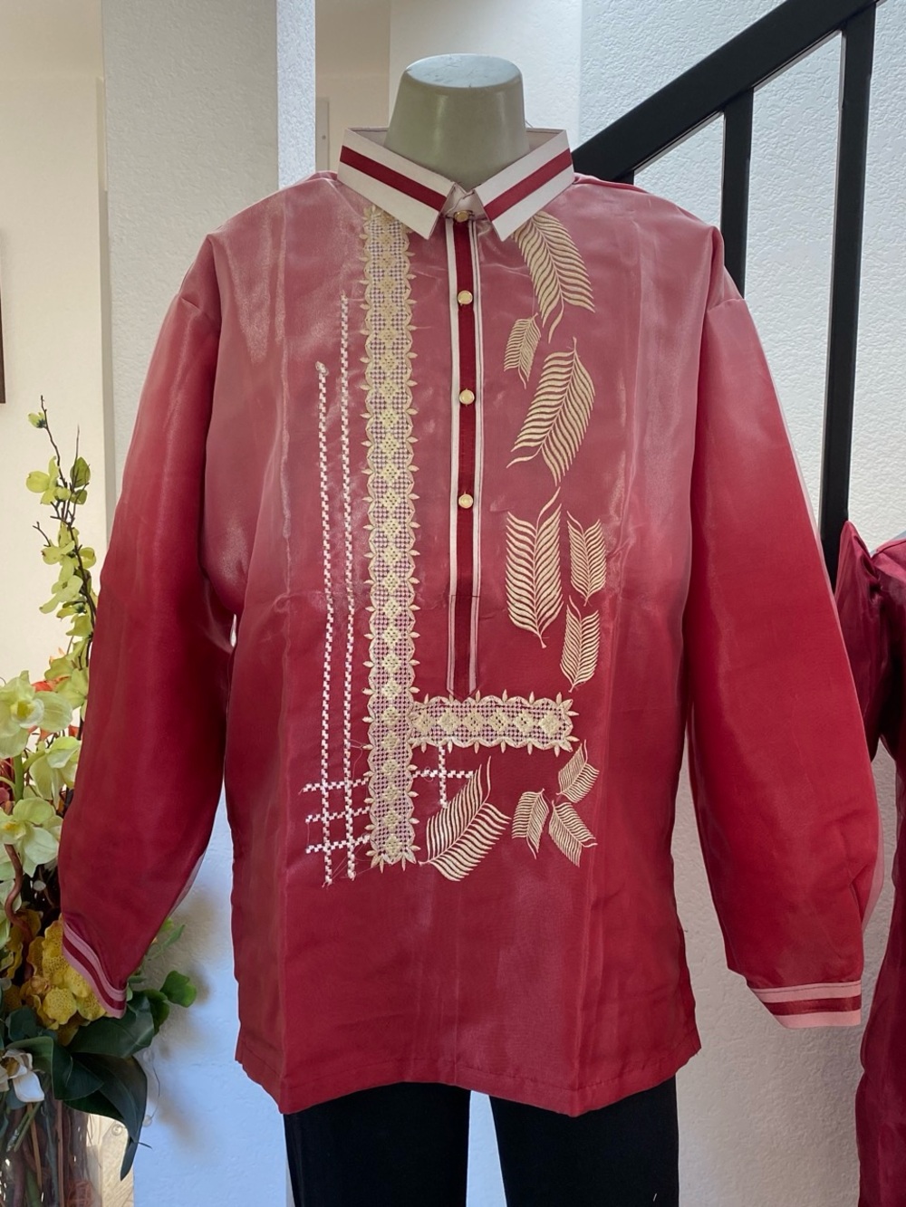 Barong Tagalog Maroon with Gold Leaf and Geometric Embroidery Design